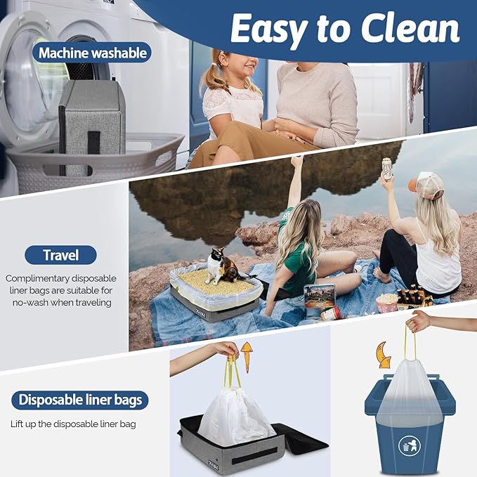 Petskd Portable Cat Travel Litter Box with Lid and 10 pcs Disposable Liner Bags, Leak-Proof and Collapsible, Cat Travel Essentials for Car Travel, Hotel, Airplane and Other Outdoor Use(Grey)