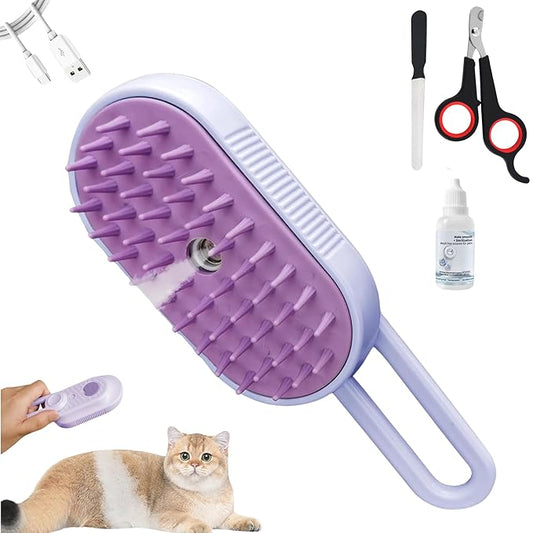 Cat Steam Brush - 5 In1 Grooming Kit for Cats and Dogs Silicone Massage Tool - Stainless Steel Nail Scissors - Hair Detangling Comb - Water Spray Rechargeable Shedding Wash-Free Essence (Purple)