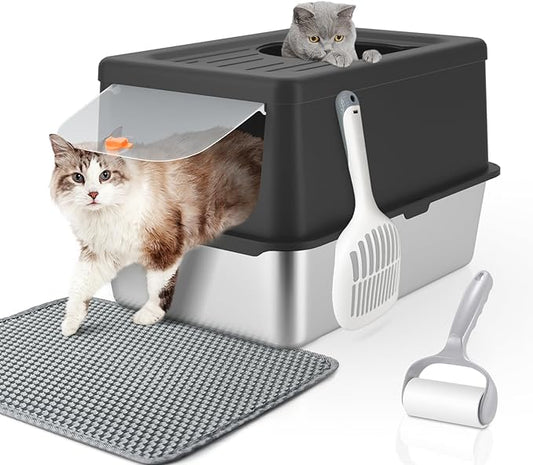 Stainless Steel Litter Box with Lid, Extra Large Litter Box with high Sides, Kitty Litter Box Enclosure, top Entry Litter Box Extra Large with Litter Scoop & Litter Mat, Anti-Leakage (XL Black)