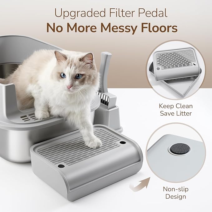 Stainless Steel Litter Box with Lid – XL Removable Covered Cat Litter Box with Door Flap,Extra Large Enclosed Metal Litter Box with High Sides,Litter Scoop – Durable & Easy to Clean,LightGrey