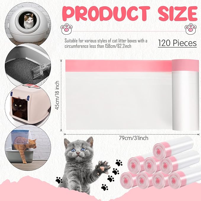 120 Count Large Cat Litter Box Liners 31 x 18 Inch Drawstring Cat Litter Bags Liners Cat Litter Pan Liner Portable Cat Liners for Pets Cats Litter Box
