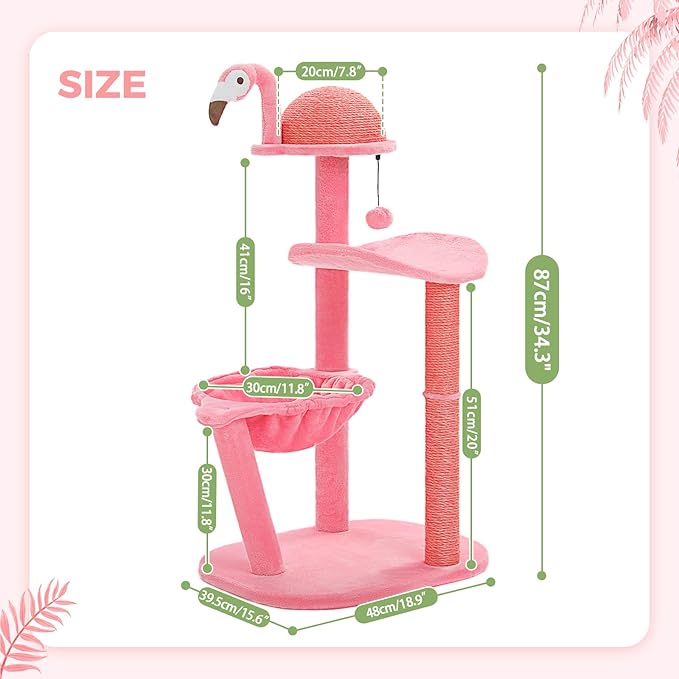 PETEPELA 34.2'' Cat Scracthcing Post, Tall Cat Scratcher with Large Cat Hammock [Dia=30CM], Flamingos Natural Sisal Cat Scratch Post, Pink Small Cat Tree Tower for Indoor Cats&Kittens
