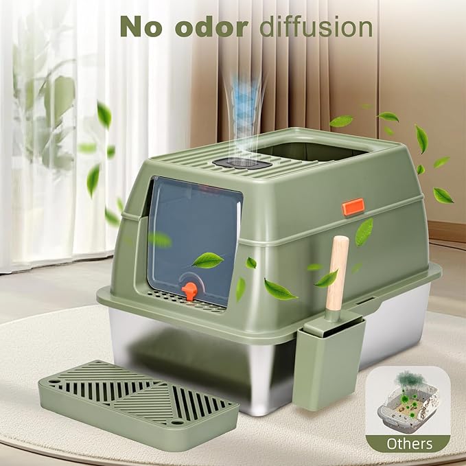 Stainless Steel Litter Box with Lid Cat XXL Metal Front Entry Top Kitty Litter Box,High Side Enclosed Cat Litter Box for Big Cats and Kittens,Extra Large Litter Box with Scoop