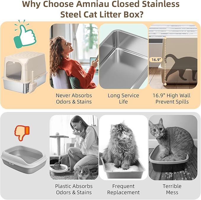 Stainless Steel Cat Litter Box with Lid, Extra Large Litter Box, Great for Large & Small Cat, Easy to Clean, Anti-Leakage, Non-Sticky, Multifunctional 2 in-1 Metal Cat Litter Box - Beige