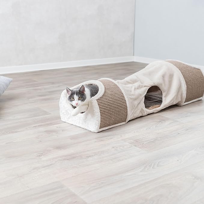 TRIXIE Cat Tunnel for Indoor Cats - Cozy Peekaboo Cat Cave Including Dangling Cat Toys - with Sturdy Sisal Scratching Surfaces - Collapsable and Easy to Store Cat Tube - in Cream