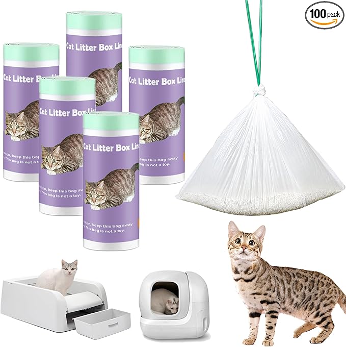 100 Pack Cat Litter Box Liner Bags Compatible with Self-cleaning Cat Litter Box, Thick Heavy Duty Drawstring Waste Drawer Liners Compatible with PURA X/MAX Automatic Litter Box -23" x 12"