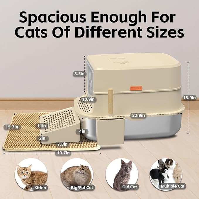 Stainless Steel Cat Litter Box with Lid, 3 in 1 Removable Litter Box for Big/Multiple Cats, High Sides Kitty Litter Pan, Leak-Proof XL Extra Large Enclosed Metal Litter Box Easy Clean with Scoop & Mat