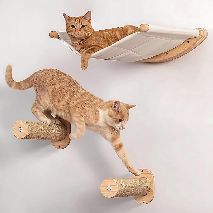 Wooden Wall-Mounted Cat Hammock with 2 Steps and Wall Shelves – Durable and Stylish Cat Lounger, Space-Saving Design, All-Natural Wood, Perfect for Indoor Cats to Climb, Rest, and Play