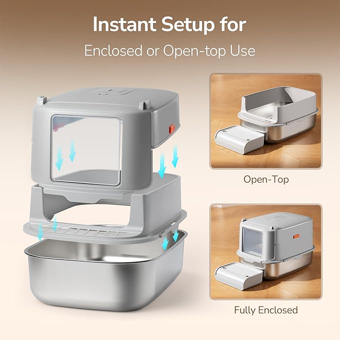 Stainless Steel Litter Box with Lid – XL Removable Covered Cat Litter Box with Door Flap,Extra Large Enclosed Metal Litter Box with High Sides,Litter Scoop – Durable & Easy to Clean,LightGrey