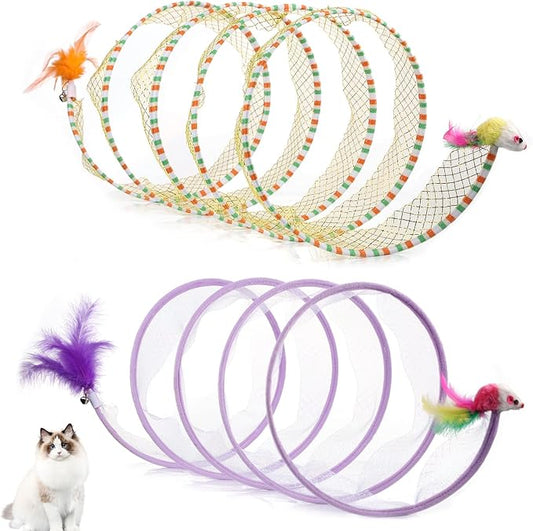 2pcs, Folded Cat Tunnel Spring, 10in Large Size Portable Cat Toy Spiral Tunnel, with Synthetic Feather and Toy Mouse Tunnel Spring Outdoor Puppy Kitten Generic (Striped Yellow, Purple)