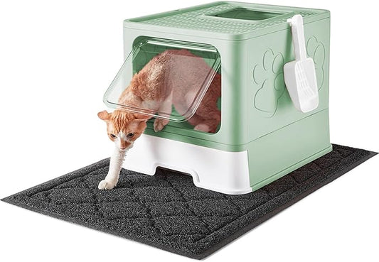 Cat Litter Box with X-Large Litter Mat and Scoop, Large Foldable Litter Box with Lid, Front Top Entry Exit Kitty Litter Box, Odor Control Easy Clean (Upgrade Green)
