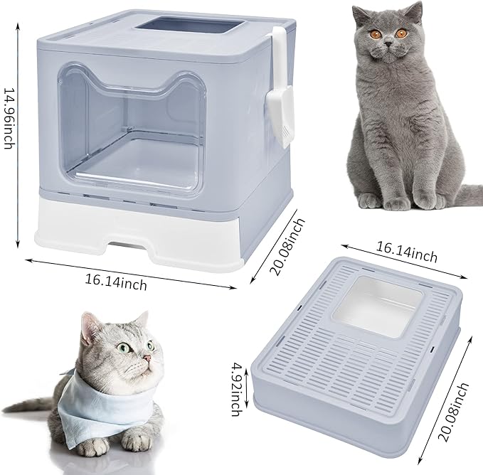 Cat Litter Box with Lid, Top Entry Cat Litter Box Pan, Enclosed Cat Potty, Anti-Splashing Cat Toilet, Foldable Litter Box Large Covered Cat Supplies with Scoop Brush and Garbage Bag