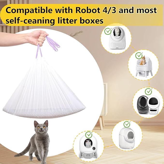 60 Count Self-Cleaning Cat Litter Box Liners, Compatible with Litter Box Robot 4 and 3, Thick Self-cleaning, Heavy Duty Drawstring Waste Bags, 20 Pounds Capacity (26" x 15")