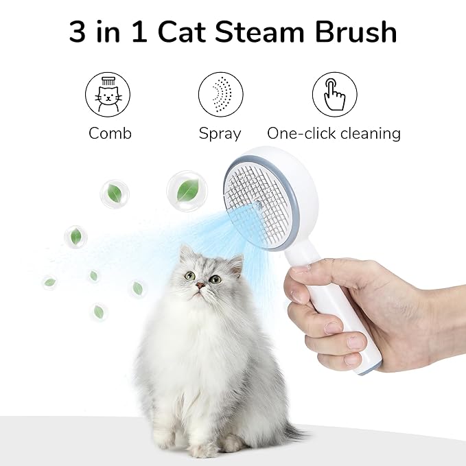FUKUMARU Cat Steam Brush, 3 in 1 Cat Shedding Brush, Pet Steam Brush with Water Tank and USB Rechargeable, Self Cleaning Brush for Dog with Release Button, Remove Static Flying Tangled Hair, White
