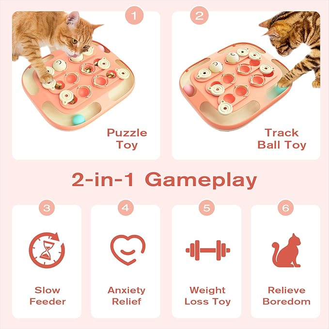 KADTC Cat Puzzle Games Level 2 in 1 Intelligence Mind Game Track Balls Kitten Food Puzzles Toy For Indoor Cats Sensory Activity Enrichment Toys Treat Feeder Entertainment Mental Stimulation Kitty Gift