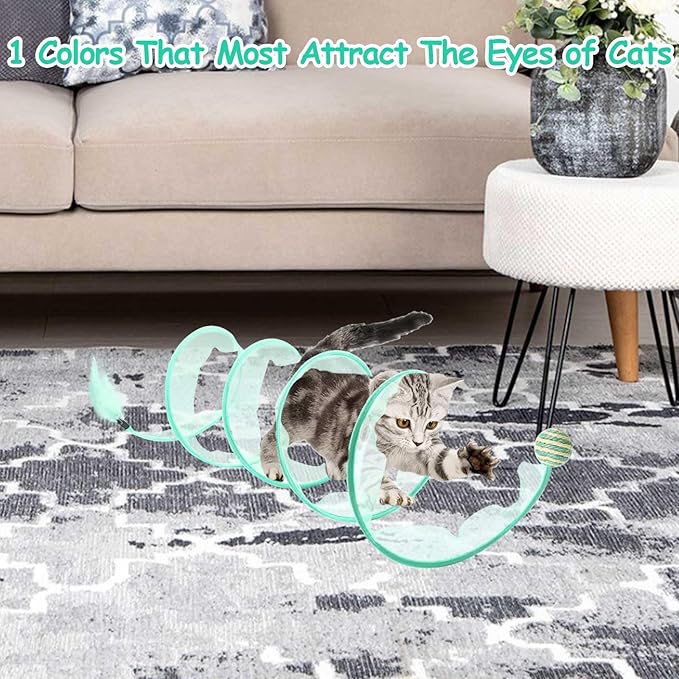 Cat Tunnel, 1PCS Folded Cat Tunnel Toy, Cyan Sisal Hemp Ball Tube Cat Springs for Indoor with Feather, Mouse Toys Interactive Cat Toy Tunnel Self-Happy Cat Toys, S-Type Collapsible Tent