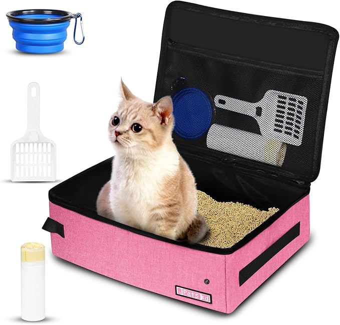 Petskd Portable Cat Travel Litter Box with Lid and 10 pcs Disposable Liner Bags, Leak-Proof and Collapsible, Cat Travel Essentials for Car Travel, Hotel, Airplane and Other Outdoor Use(Pink)