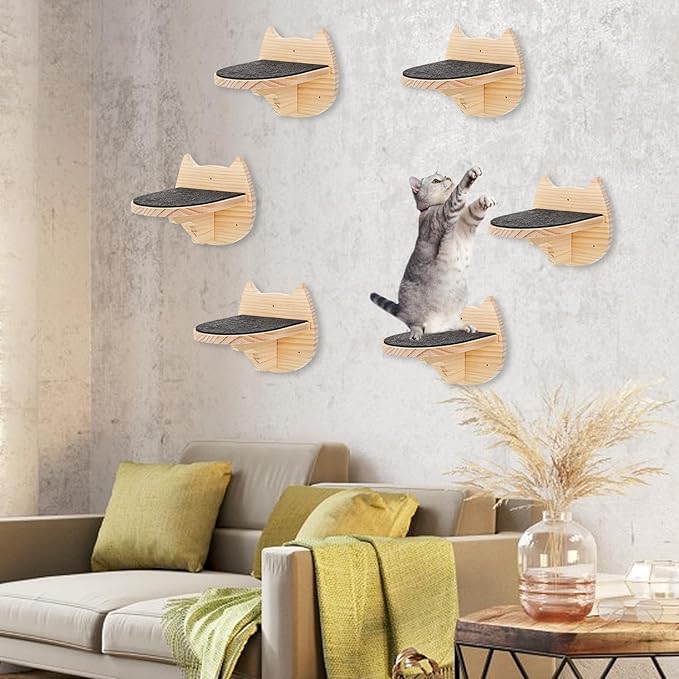 kathson 6 Pcs Cat Wall Mounted Shelves Cat Wall Steps Shelves Wood Cat Climbing Shelves Cat Stairs with Non Slip Felt Cat Ladder Cat Wall Bed Cat Wall Furniture Cat Perch for Springboard Playing