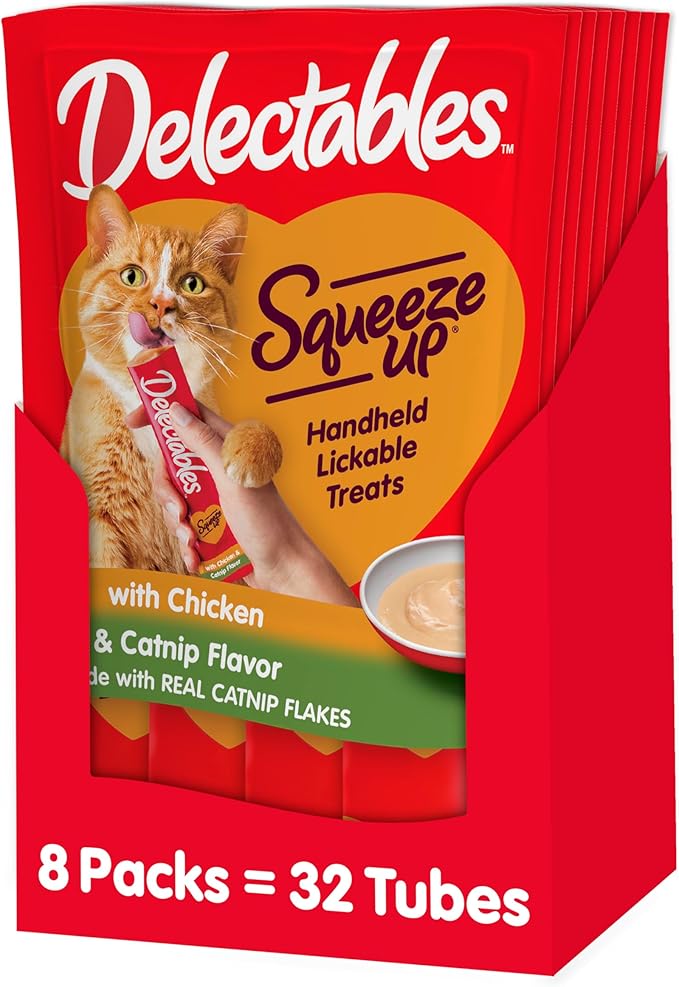 Delectables Squeeze Up Creamy Squeezable Puree, Lickable Wet Cat Treats, Grain Free, No Added Fillers, No By-Products, No Added Preservatives, 0.5 Ounces Tube Chicken with Catnip, 32 Tubes Total
