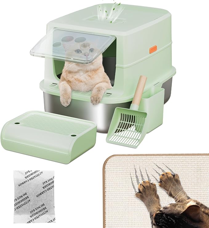 Enclosed Stainless Steel Cat Litter Box with Lid, XL Extra Large Litter Box for Big Cats Multi-Cats with High Sided Enclosure & Scoop, Odor-Free，Anti-Leakage, Non-Sticky, Easy Cleaning (D-Green)