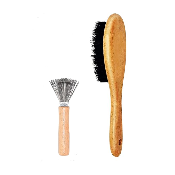 Cat & Dog Brush with Boar Bristle, Professional Grade Daily Grooming Hairbrush for Soft Hair and Healthy Shine, Short Haired Dogs Hair Brush for Reducing Shedding with Brush Cleaner