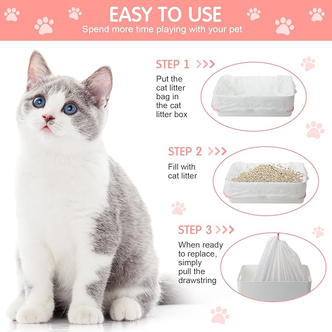 Thenshop 60 Count Litter Box Liners 36'' x 18'' Jumbo Cat Pan bags Drawstring Cat Supplies Extra Large Disposable Cat Litter Bags Cat Box Liners for Trash Waste Litter Box Tidy (Pink)