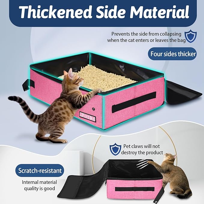 Petskd Portable Cat Travel Litter Box with Lid and 10 pcs Disposable Liner Bags, Leak-Proof and Collapsible, Cat Travel Essentials for Car Travel, Hotel, Airplane and Other Outdoor Use(Pink)