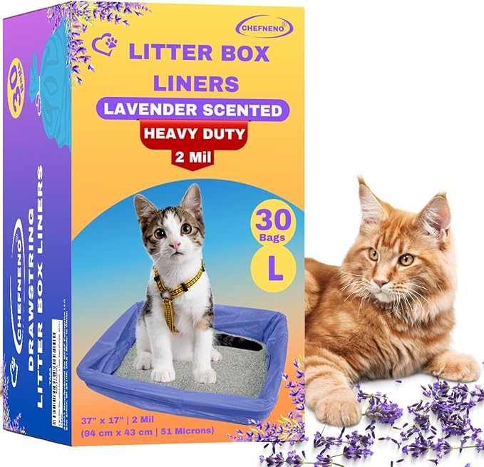 Cat Litter Box Liners Drawstring (30 Bags) Lavender Scented 37" x 17" Large Scratch Resistant Extra Heavy 2 Mil Litter Tray Cat Box Liner Bags (Purple, 30 ct.)