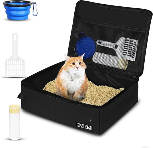 Petskd Portable Cat Travel Litter Box with Lid and 10 pcs Disposable Liner Bags, Leak-Proof and Collapsible, Cat Travel Essentials for Car Travel, Hotel, Airplane and Other Outdoor Use(Black)