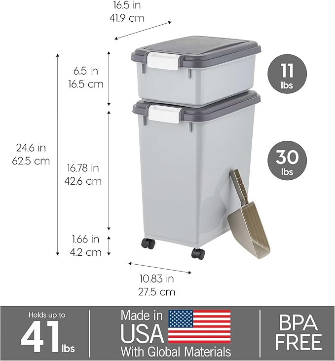 IRIS USA Airtight Dog Food Storage Container with Wheels, Up to 30 lbs & 11 lbs, 2-Cup Scoop, Cat Dog Treat Wet Food Cans Toys Storage Container, Stackable, Portable, Gray