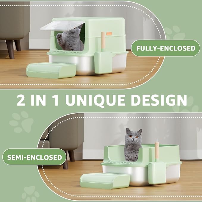 Enclosed Stainless Steel Cat Litter Box with Lid, XL Extra Large Litter Box for Big Cats Multi-Cats with High Sided Enclosure & Scoop, Odor-Free，Anti-Leakage, Non-Sticky, Easy Cleaning (D-Green)