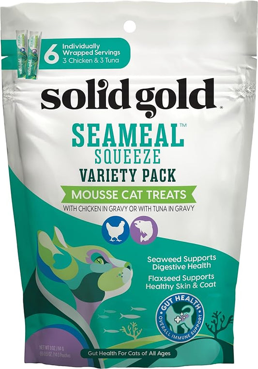 Solid Gold Lickable Cat Treats - SeaMeal Squeeze Squeezable Cat Treats for Indoor Cats Chicken/Tuna Variety Pack - Made with Fiber-rich Seaweed for Digestive Health for Immune Support - 3 oz / 6 Count