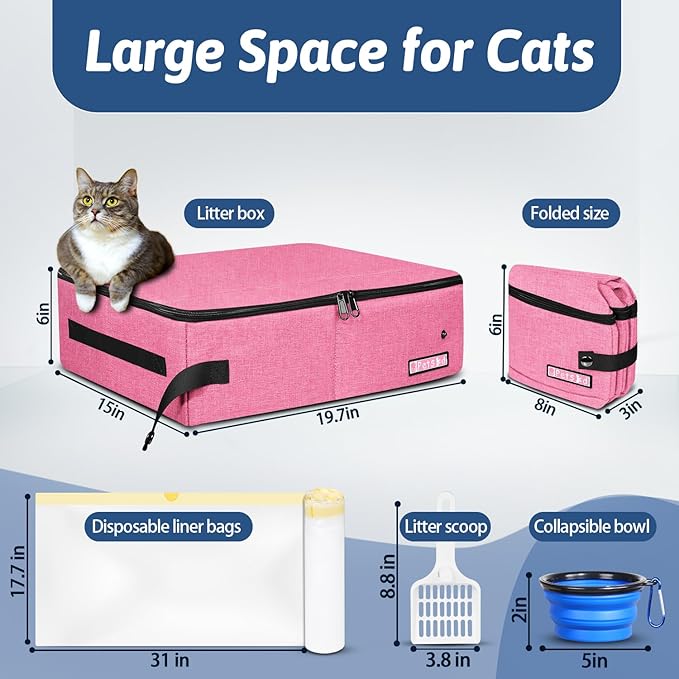 Petskd Portable Cat Travel Litter Box with Lid and 10 pcs Disposable Liner Bags, Leak-Proof and Collapsible, Cat Travel Essentials for Car Travel, Hotel, Airplane and Other Outdoor Use(Pink)
