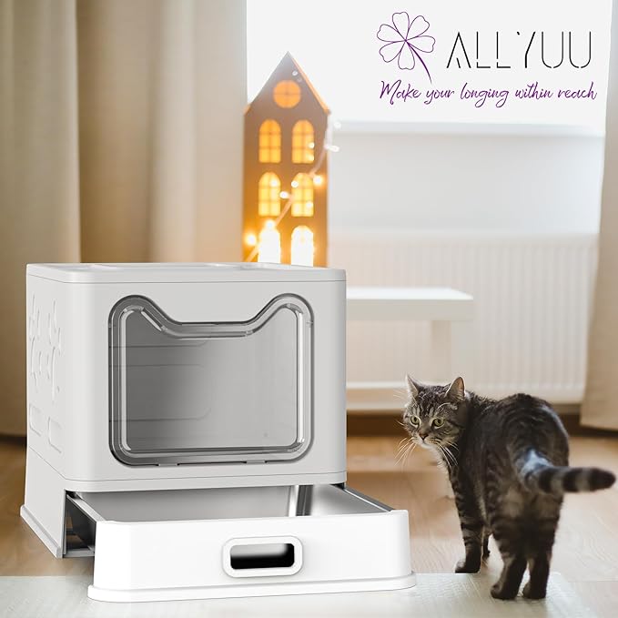 Foldable Enclosed Stainless Steel Cat Litter Box with Lid, High Wall Sides, Non-Sticky, Anti-Leakage, Easy Cleaning (Gray)