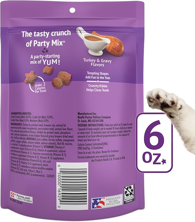 Purina Friskies Cat Treats, Party Mix Gravy-licious Crunch Turkey and Gravy Flavors - (Pack of 6) 6 oz. Pouches
