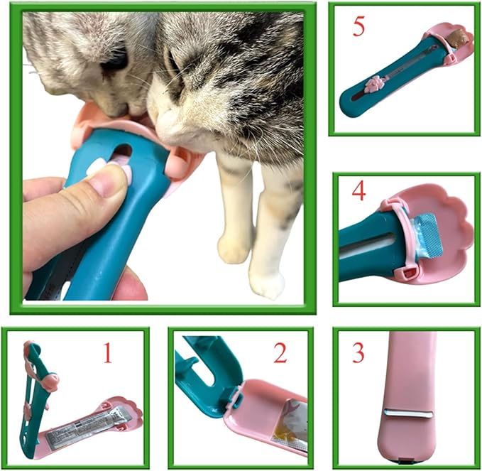 Cat Claw Shaped Cat Strip Squeeze Spoon, Delectables Lickable Cat Treats Spoon, Wet Treat Cat Feeder Spoon Treat Squeeze Spoon for Lickable Wet Cat Treats Liquid Snack Feeding (Blue+Pink)