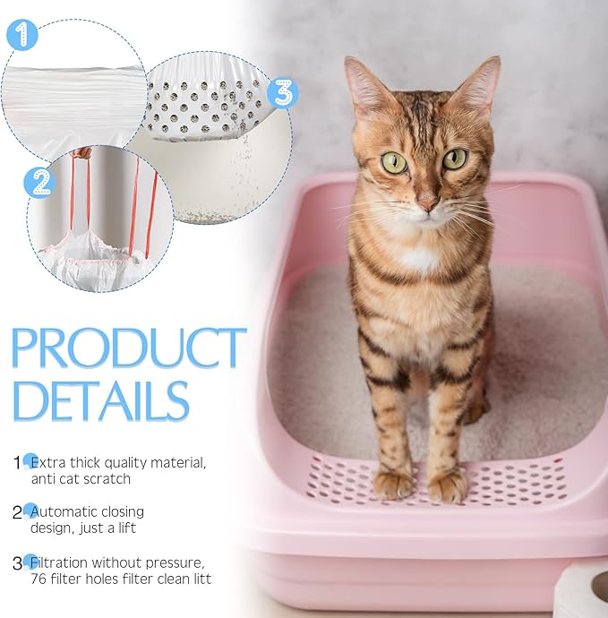 84 Count Large Sifting Cat Litter Bags 31 x 18 Inch Cat Litter Box Liners with Holes Drawstring Litter Box Liners Disposable Thick Scratch Resistant Cat Litter Bags for Pet Cat Litter Box