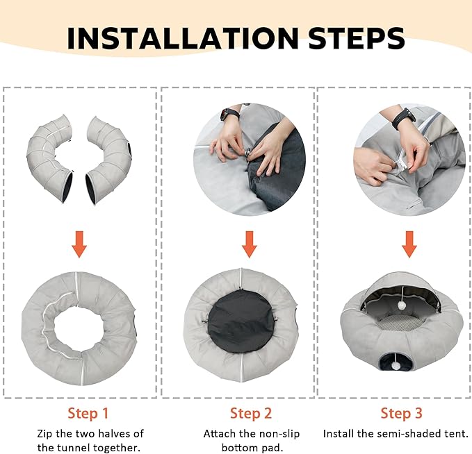 Large Cat Tunnel Bed, Cat Tent with Ball Toy, Cat Tunnel with Washable Central Mat, Detachable Straight Tunnel, Multifunctional Cat Toys for Indoor Cats (Cat Tunnel with Cool mat)