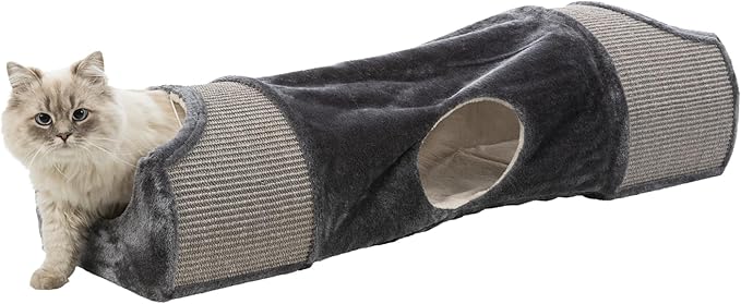 TRIXIE Cat Tunnel for Indoor Cats - Cozy Peekaboo Cat Cave Including Dangling Cat Toys - with Sturdy Sisal Scratching Surfaces - Collapsable and Easy to Store Cat Tube - in Gray