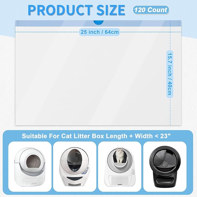 120 Count Cat Litter Box Liners 25" x 15.7", Heavy Duty Cat Litter Bags Compatible with Litter-Robot 3/4, Automatic Cat Litter Box Self Cleaning Bags Trash Bags with Drawstring