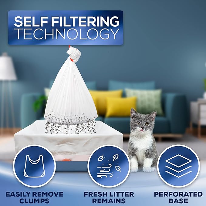Self Sifting Kitty Litter Box Liners, Set of 7 - Flat Base Disposable Cat Waste Tray Bags for Pet Poop - XL Design for Large Trays - With Inbuilt Drawstring Handles - Liner Fits the Corner of the Pan