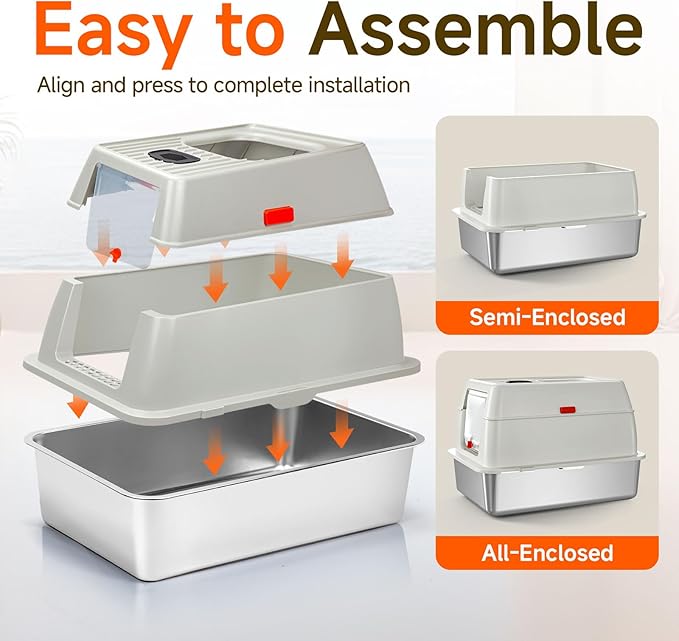 Stainless Steel Litter Box with Lid,Extra Large Metal Litter Box for Big Cats,Front Entry Top Exit Kitty Litter Box,Covered Litter Box with Triple Pedal,Scoop and Mat,Odor Free,Non-Sticky,Anti-Leakage