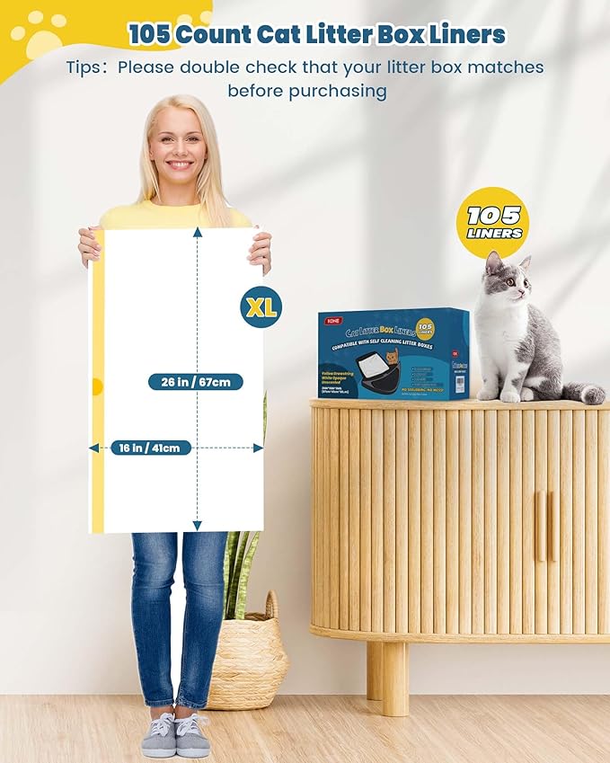 KONE 105 Count Cat Litter Bag Liners fits Robot 3 4 and most Self Cleaning Litter Drawer Waste Bin, 2 mil Thickened Drawstring Kitty Poop Bags, Automatic Pet Disposable Replacement Trash Bag, 26 x 16