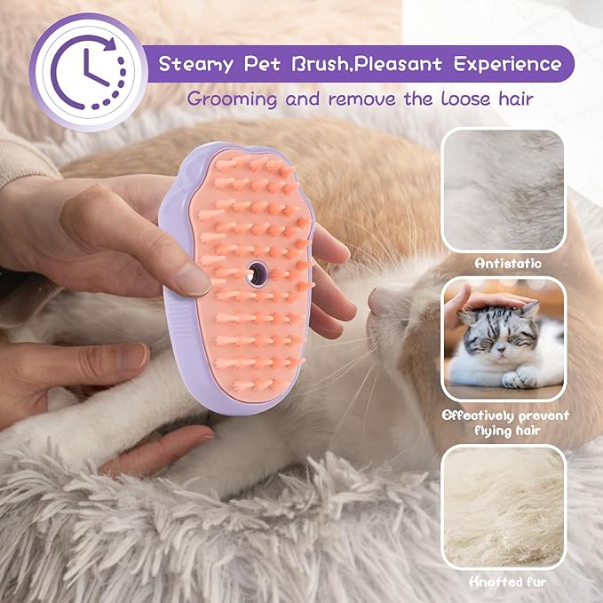 Rechargeable Cat Steam Brush for Shedding - Self Cleaning Steamy Cat Brush Cat Steamy 3-in-1 Pet Steam Brush - Spray, Massage & Hair Removal Grooming Tool, Purple