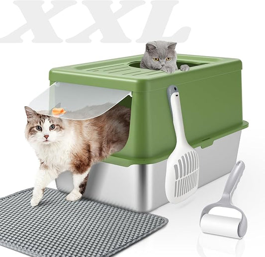 Stainless Steel Litter Box with Lid, Extra Large Litter Box with high Sides, Kitty Litter Box Enclosure, Metal Litter Box with lid Litter, Scoop & Litter Mat, Anti-Leakage (XL Green)