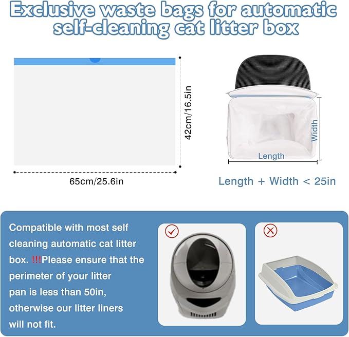 100 Count Self-Cleaning Cat Litter Box Liners 25.6" x 16.5" Compatible with Litter Robot Automatic Cat Litter Box, Drawstring Heavy Duty Cat Litter Bags, 7-9 Gallon Trash Bag (4 Roll)