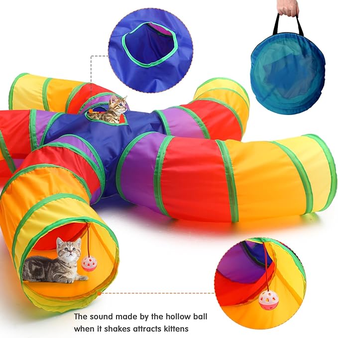 Poen 21 Pcs Cat Tunnel for Indoor Cats Set Collapsible 5 Way Cat Tubes with 20 Pcs Cat Toys Kitten Toys Interactive Cat Feather Toy Mouse Crinkle Balls Cat Tube for Puppy Kitten Rabbit(Colorful)