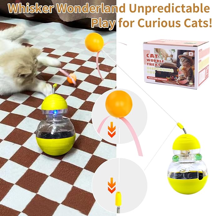 Cat Interactive Toy Indoor, Cat Treat Dispensing Toy, Slow Feeder Puzzle Toy for Cats, Food Dispensing Ball for Pets, Fun Interactive Enrichment Wand Toy for Cats