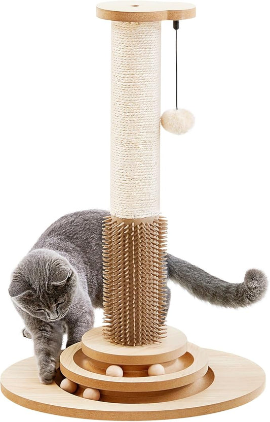 Made4Pets 23" Tall Sisal Cat Scratcher Post with Self Groomer, 4-in-1 Interactive Trackball Toys, Vertical Climbing Tree with Dangling Balls