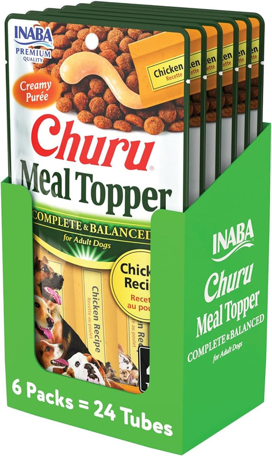 INABA Churu Meal Topper for Dogs, Complete & Balance, Creamy, Lickable Purée Dog Food Topper, 0.5 Ounce Tube, 24 Tubes (4 per Pack), Chicken Recipe